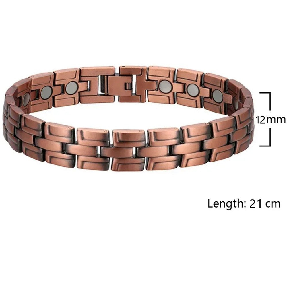 Men's copper link bracelet with narrow staggered brick-style links, width and length marked