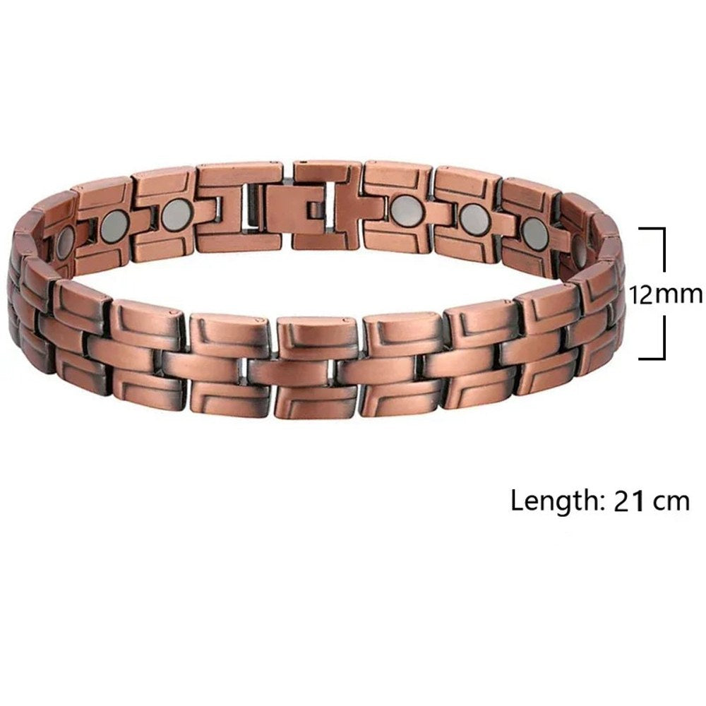 Men's copper link bracelet with narrow staggered brick-style links, width and length marked