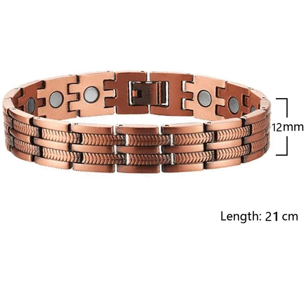 Men's copper link bracelet with rope-pattern strips, width and length marked