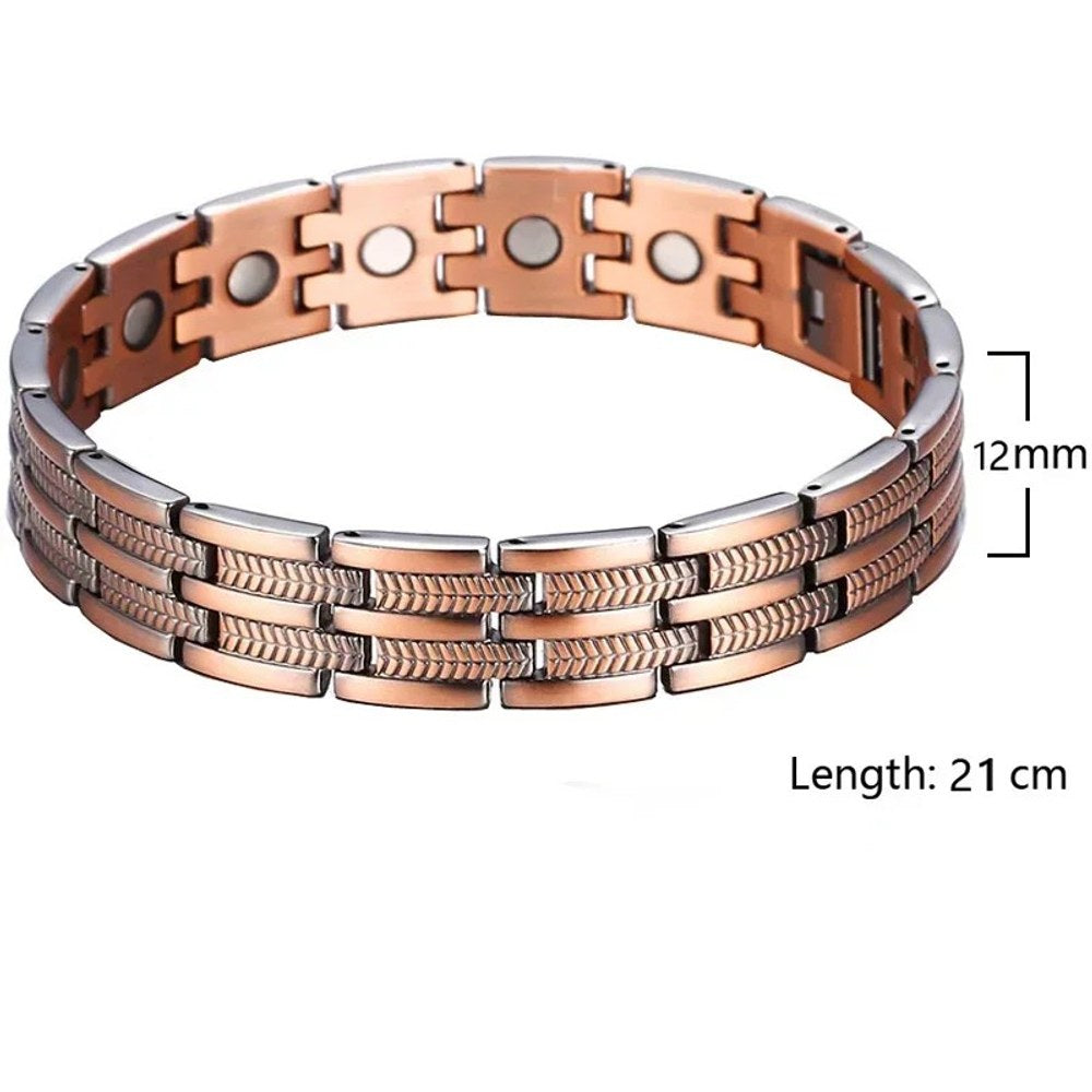 Men's copper link bracelet with rope-pattern strips and silver-coloured edges, width and length marked