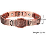 Men's copper link bracelet with a square-and-compass emblem on the centre medallion, width and length marked