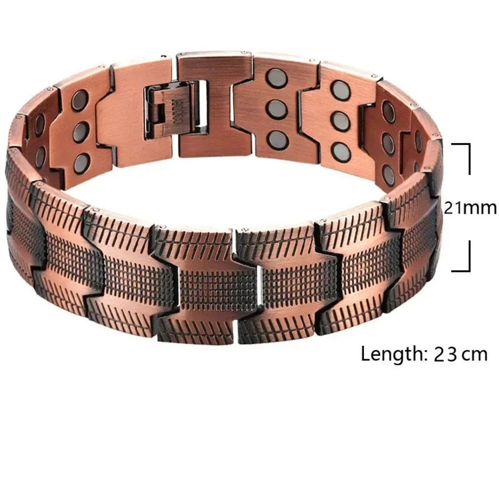 Men's copper link bracelet with a tread-style grooved pattern, width and length marked