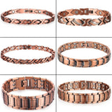 Six of the copper link bracelet styles side by side, from slim women's links to wide men's bands