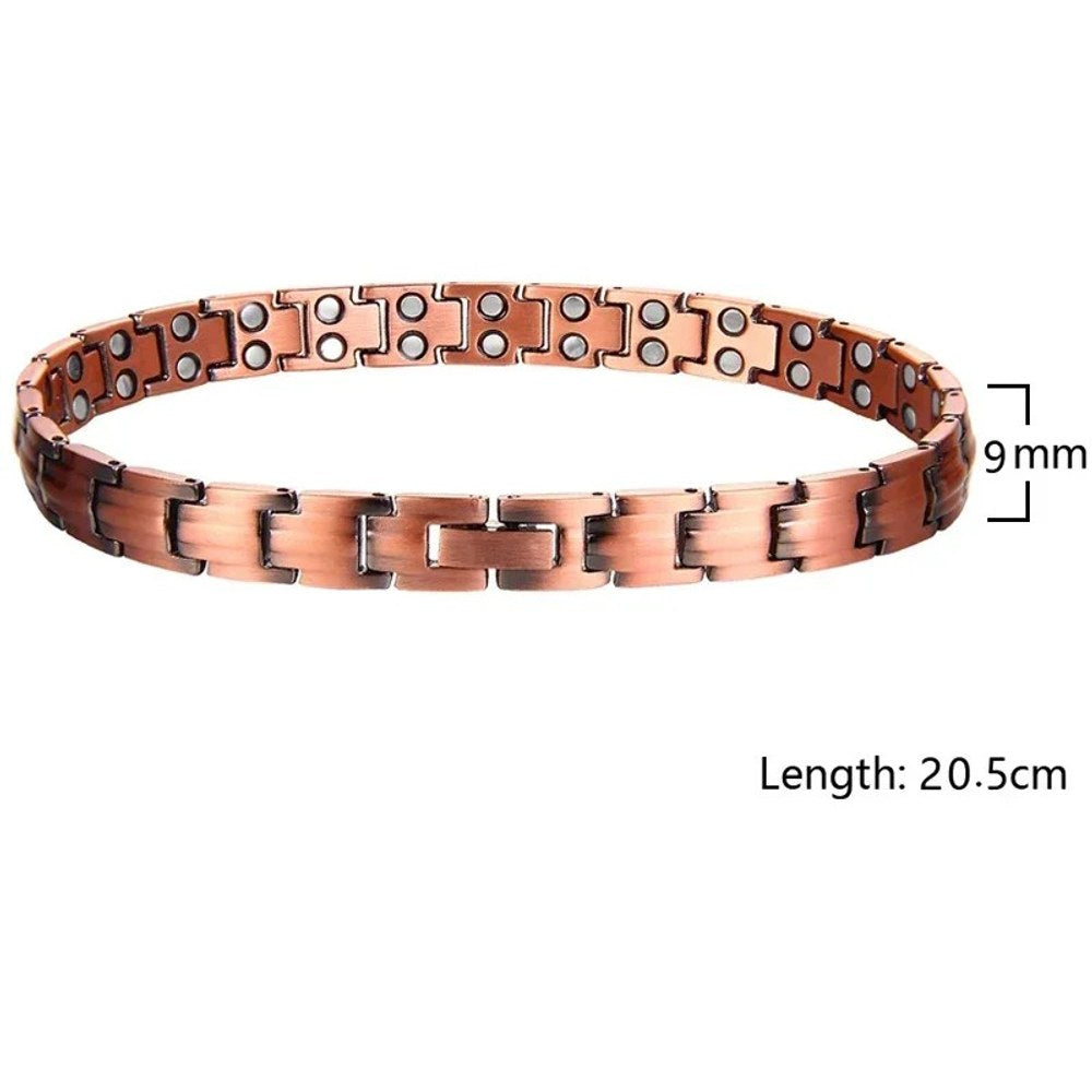 Women's copper link bracelet with plain bar links and double magnets, width and length marked