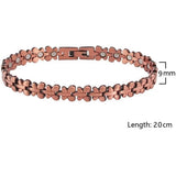 Women's copper link bracelet with flower-shaped links, width and length marked
