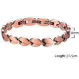 Women's copper link bracelet with leaf-shaped links, width and length marked
