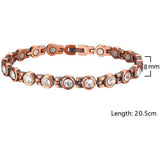 Women's copper link bracelet with round links set with clear stones, width and length marked