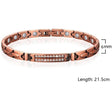Women's copper link bracelet with a centre bar with two rows of small clear stones, width and length marked