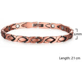 Women's copper link bracelet with X-shaped links, width and length marked