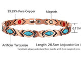 Women's copper link bracelet with X-shaped links set with artificial turquoise, width and length marked