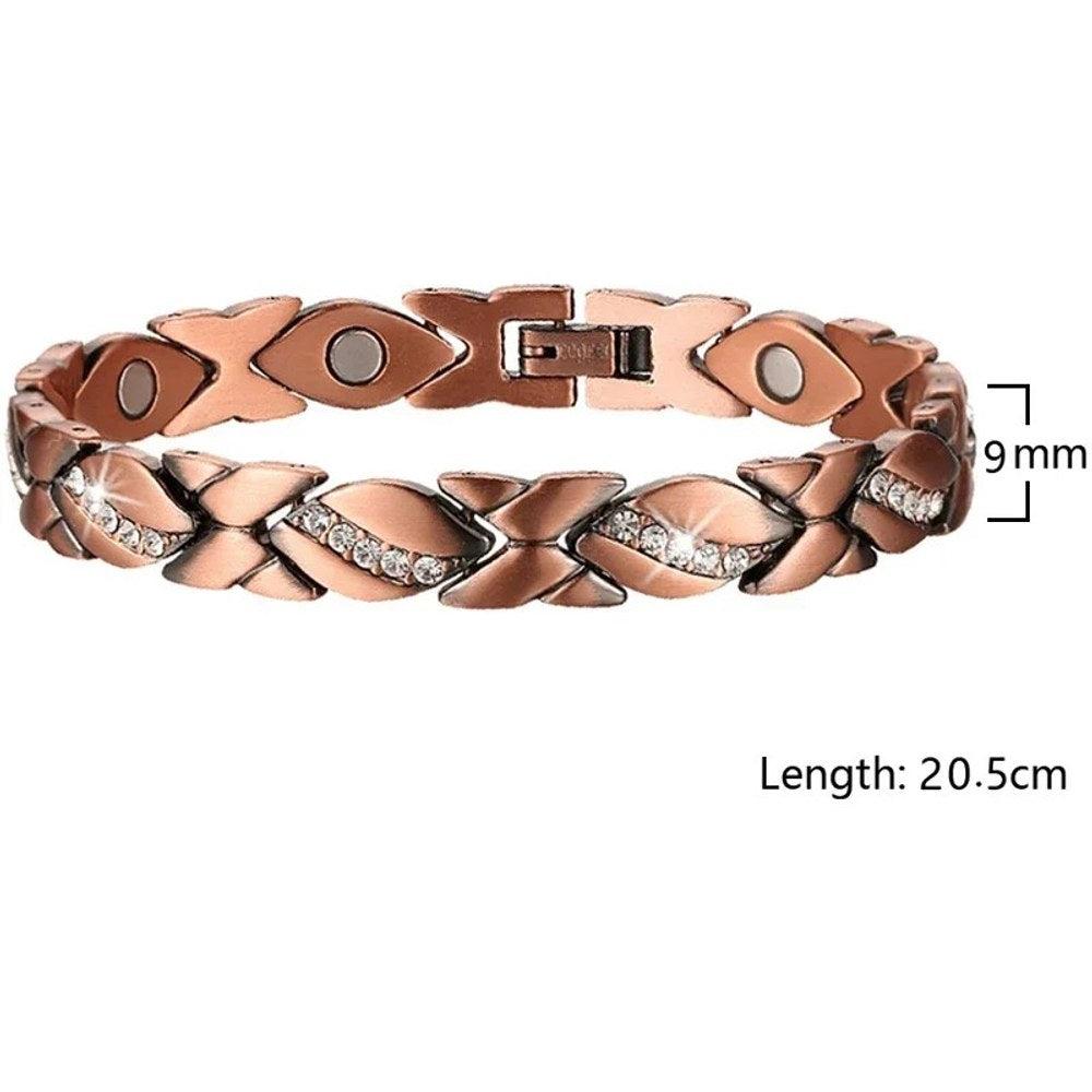 Women's copper link bracelet with X-shaped links and rows of small clear stones, width and length marked