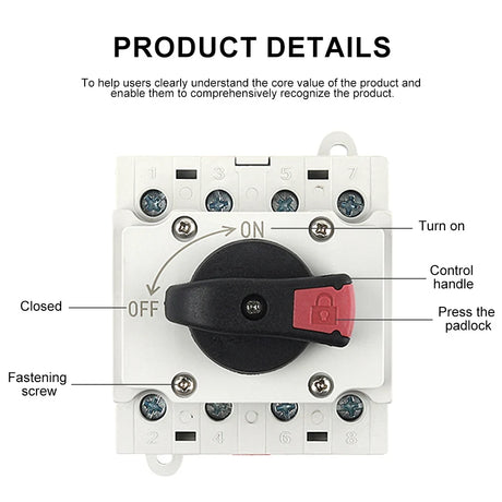 DIN-rail DGDS-32 4 pole isolator switch, white, with on and off positions, control handle, padlock point and fastening screws labelled