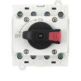 DIY GO DGDS-32 4 pole DC isolator switch for DIN rail, white, black rotary handle with red padlock tab, screw terminals top and bottom