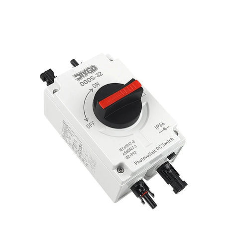 DIY GO DGDS-32 PV DC isolator switch for 1 string in and 1 out: white IP66 box, black and red rotary handle, MC4 connectors top and bottom