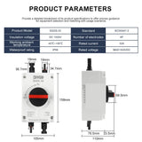 Maker's parameter table and dimension drawing for the 1-string DGDS-32: 32 A, IEC 60947-3, IP66, 4 pole, 158 x 105 x 110 mm