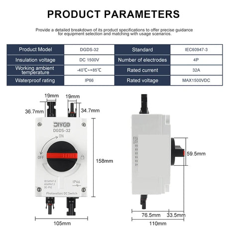 Maker's parameter table and dimension drawing for the 1-string DGDS-32: 32 A, IEC 60947-3, IP66, 4 pole, 158 x 105 x 110 mm