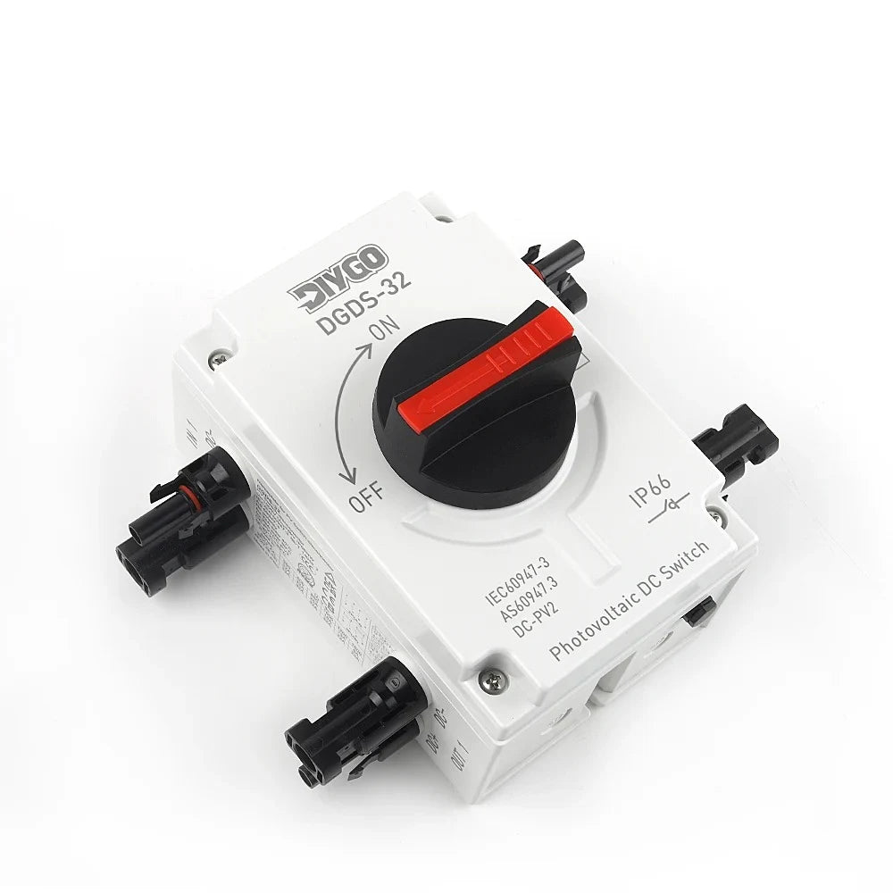 DIY GO DGDS-32 PV isolator for 2 strings in and 2 out, white IP66 box with rotary handle and MC4 connectors on both sides
