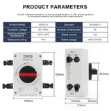 Maker's parameter table and dimension drawing for the 2-string DGDS-32 with two inputs and two outputs on the sides, 158 x 105 x 110 mm