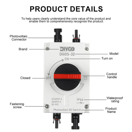 DGDS-32 isolator front with its parts labelled: MC4 connectors, model, on and off positions, control handle, IP66 marking and fastening screws
