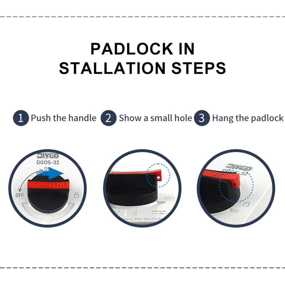 Three steps to lock the DGDS-32 off: push the handle, a small hole shows, hang a padlock through it