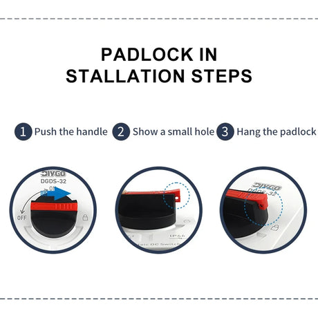 Three steps to lock the DGDS-32 off: push the handle, a small hole shows, hang a padlock through it