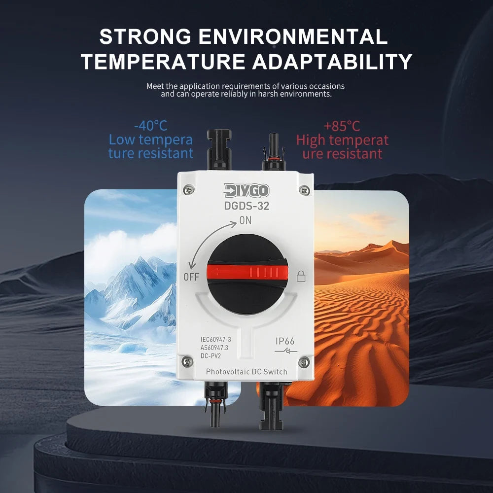 DGDS-32 isolator shown against snow and desert, with the maker's operating range of minus 40 to plus 85 degrees C