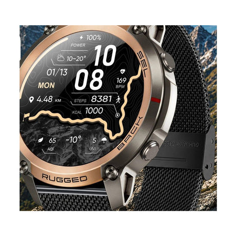 DM59, Gold option: gold bezel, dark steel mesh strap, with the two spare straps the seller shows