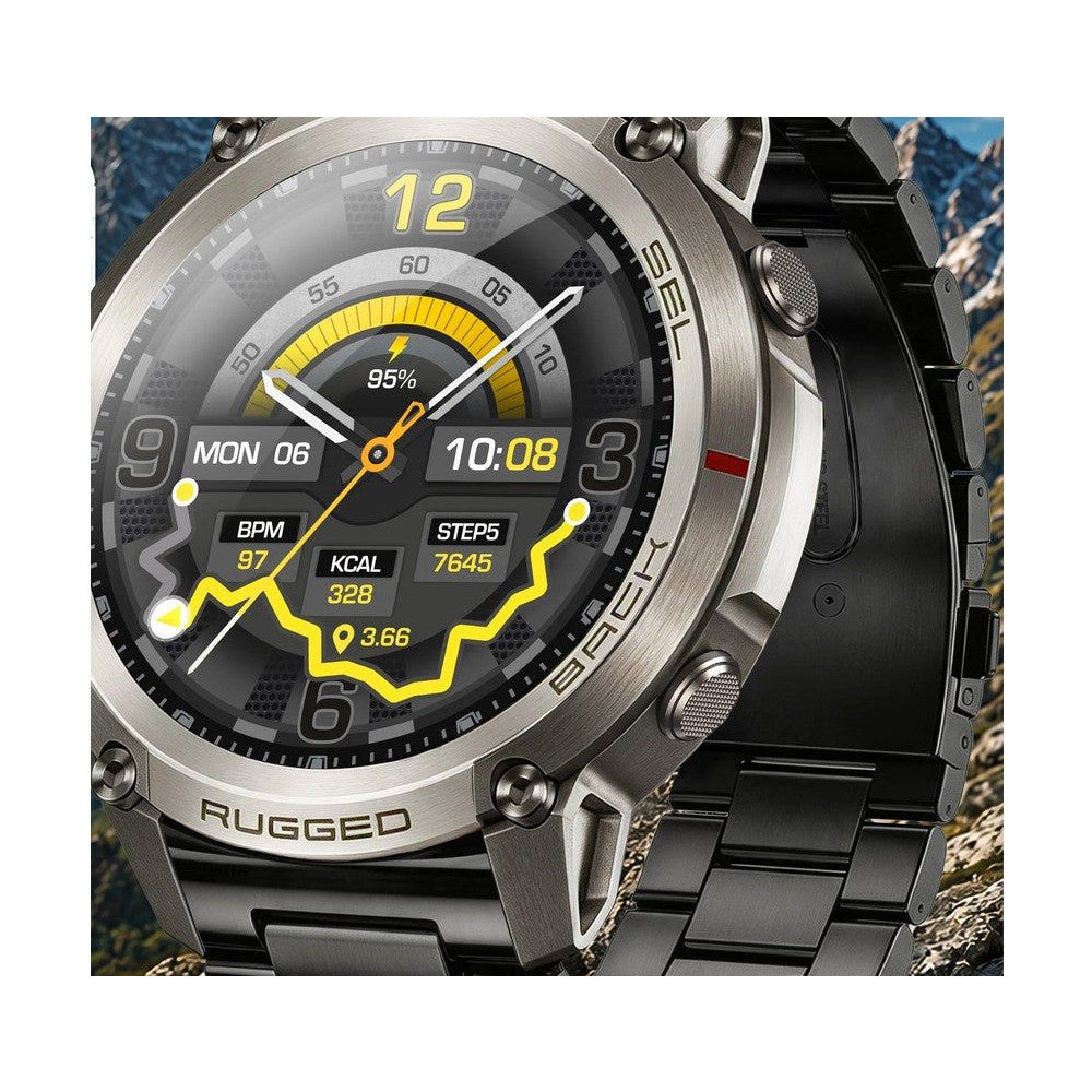 DM59, Grey option: silver case, dark steel link bracelet, with the two spare straps the seller shows