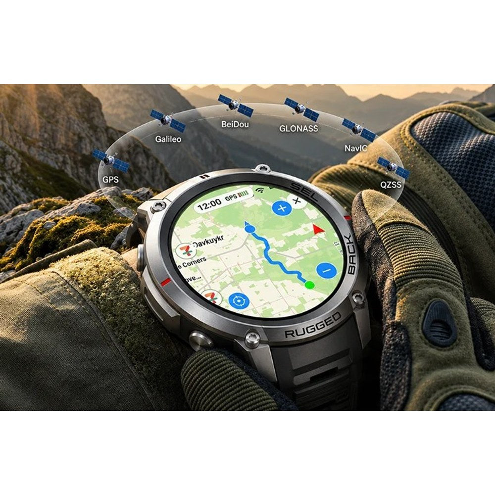 DM59 on a gloved wrist showing a map with a route line, ringed by GPS, Galileo, BeiDou, GLONASS, NavIC and QZSS