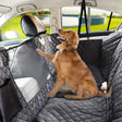 Golden retriever on the black quilted back seat hammock, mesh window and side pocket on the left, strap to the headrest