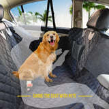 Golden retriever sitting on the hammock in the back seat, with a see-through outline of a person sharing the seat