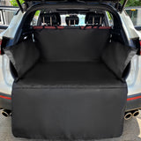 Empty black cargo liner fitted in an SUV: back panel hung from the rear headrests, side flaps up the walls, bumper flap down