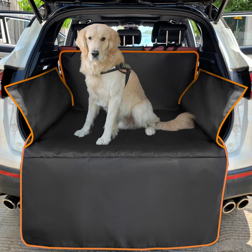 Yellow Edge cargo liner fitted in an SUV, the edge binding showing orange-yellow, with a golden retriever sitting on it