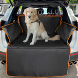 Yellow Edge cargo liner fitted in an SUV, the edge binding showing orange-yellow, with a golden retriever sitting on it