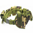 Woodland Camo set assembled: camo carriers and holster on an olive webbing belt with a side-release buckle