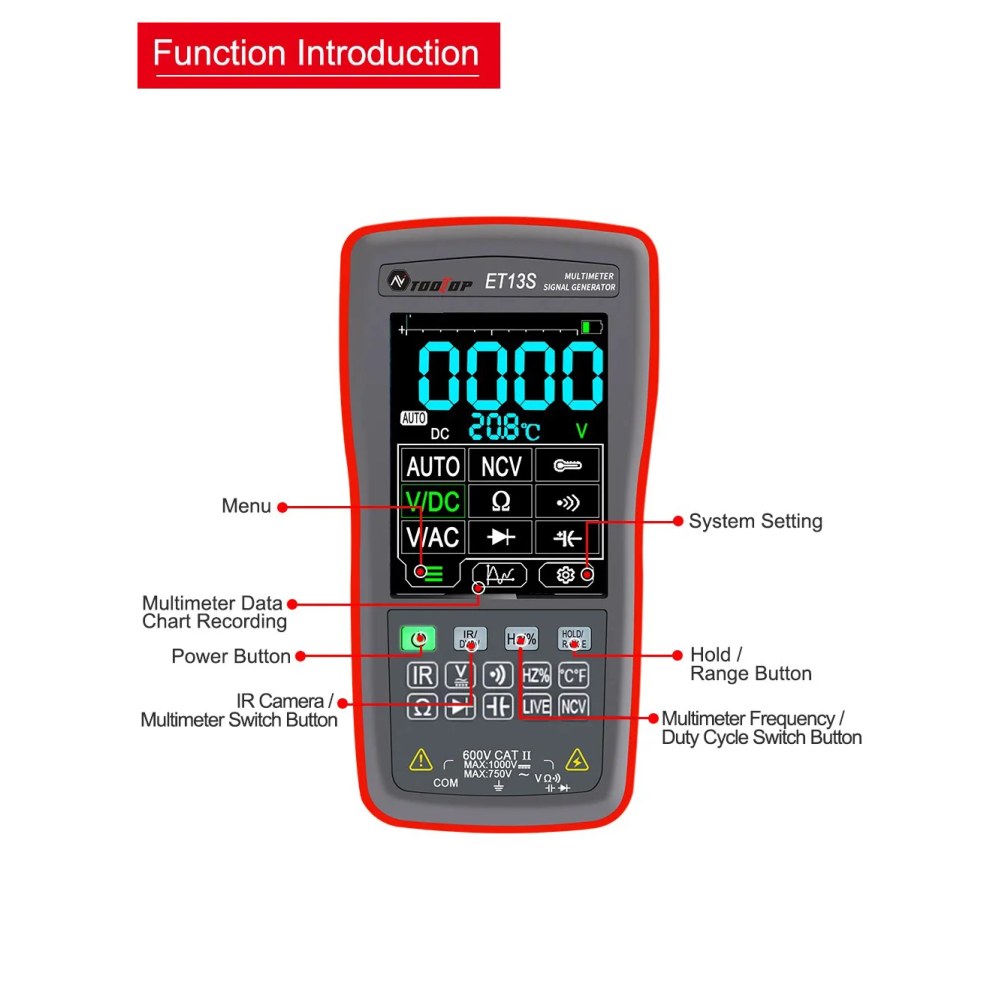 ET13S thermal imager multimeter front, showing the touch screen, power, camera and meter switch, hold and range buttons