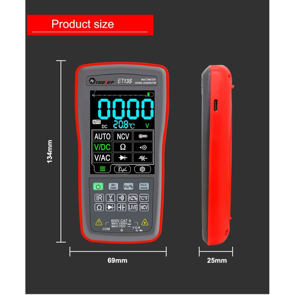 ET13S thermal imager multimeter size: 134 mm tall, 69 mm wide and 25 mm thick