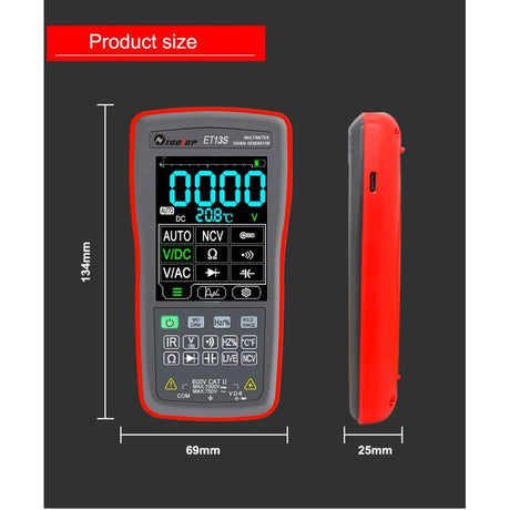 ET13S thermal imager multimeter size: 134 mm tall, 69 mm wide and 25 mm thick