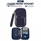 Navy family travel wallet with a clear diagonal front pocket, and open with passports and cards