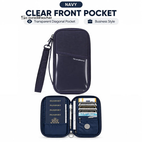 Navy family travel wallet with a clear diagonal front pocket, and open with passports and cards