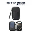Black key chain family travel wallet, closed and open with passports, keys on the built-in key chain and coins