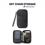 Black key chain family travel wallet, closed and open with passports, keys on the built-in key chain and coins