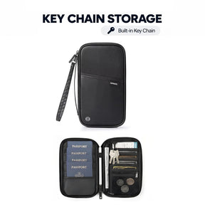 Black key chain family travel wallet, closed and open with passports, keys on the built-in key chain and coins