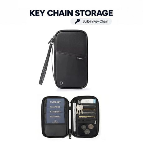 Black key chain family travel wallet, closed and open with passports, keys on the built-in key chain and coins