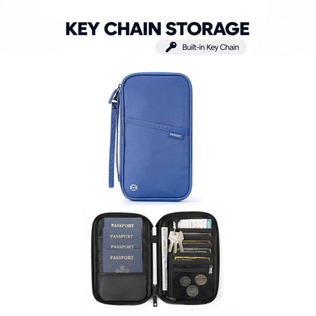 Blue key chain family travel wallet, closed and open with passports and keys
