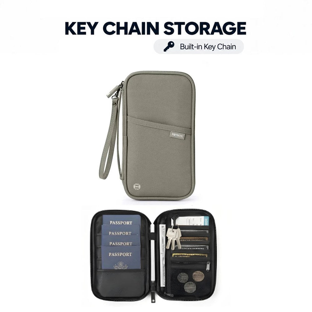 Grey key chain family travel wallet, closed and open with passports and keys