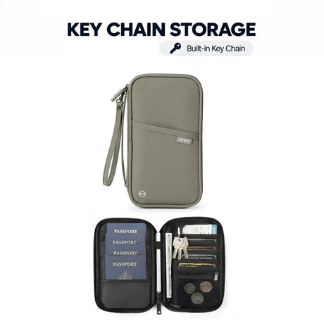 Grey key chain family travel wallet, closed and open with passports and keys
