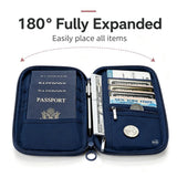 Navy family travel wallet unzipped flat with passports on one side and cards, cash and a pen on the other