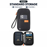 Black family travel wallet, standard layout: closed with a wrist strap, and open with four passports and four card slots
