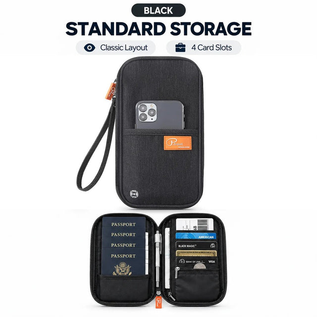 Black family travel wallet, standard layout: closed with a wrist strap, and open with four passports and four card slots
